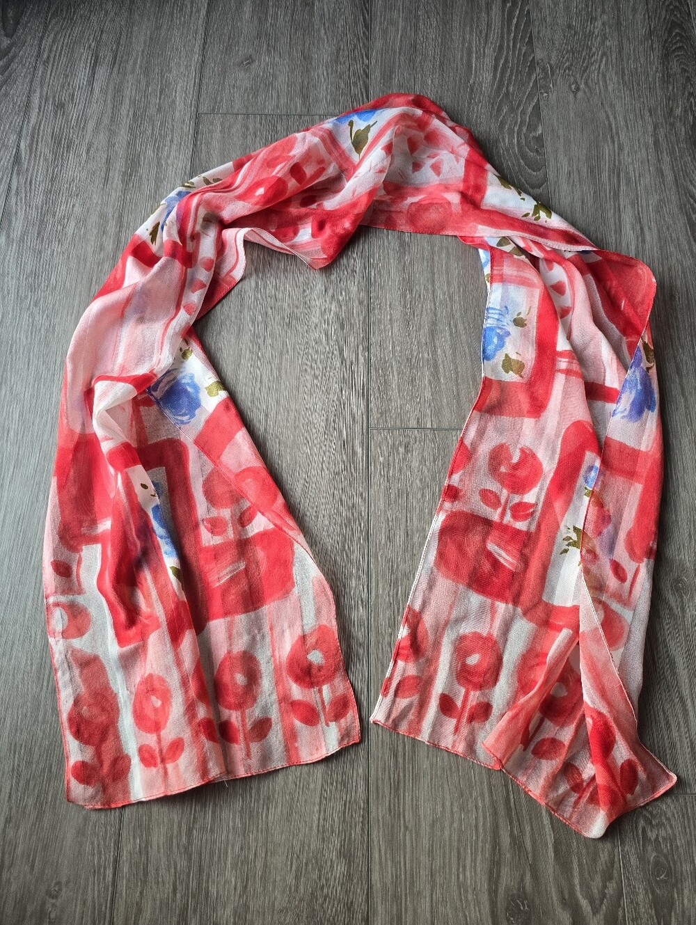 Sheer Chiffon Oblong Scarf Painterly Blue Rose Red Abstract Floral Wrap Long